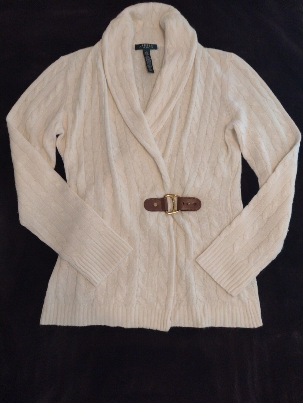 Lauren Ralph Lauren Lg Lambswool Blend Shawl Collar Cardigan Buckle Cable Knit